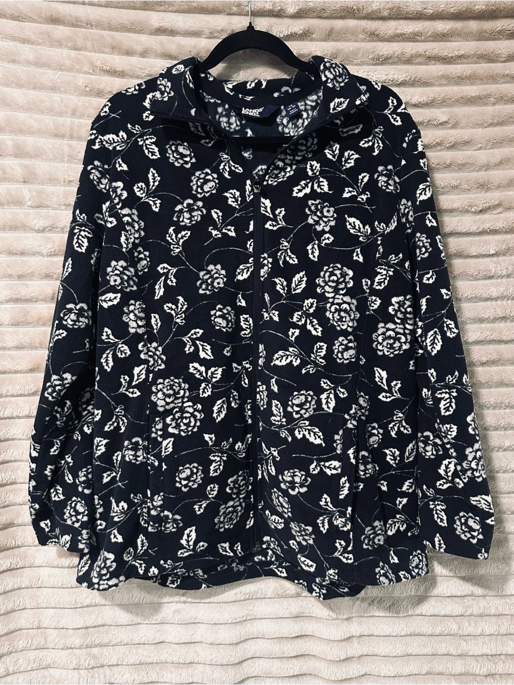 Lands end Black Floral Zip-Up Fleece Jacket